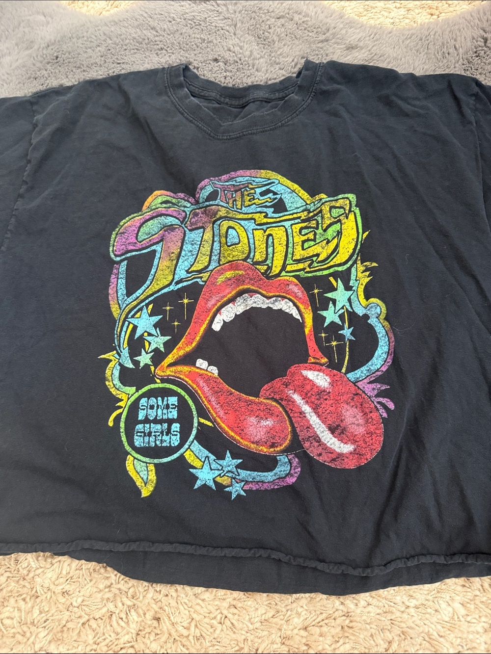 Black Rolling Stones Graphic Tee - Colorful Tongue Design
